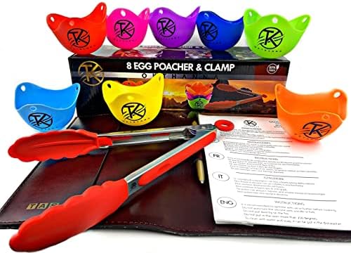 Egg Poacher - Make The Perfect Poached Egg Cooker, Easy & Mess Free - BPA Free OKTHANNA Silicone Egg Poaching Cups For Microwave & Stovetop Egg cooking Boiled Eggs Pack Of 8 With Tongs Included