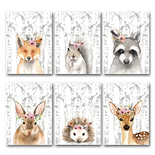 Set of 6 Woodland Animals Nursery Wall Art Prints Boho Wall Art Print Woodland Bohemian Floral Nursery Baby Girl Printable Decor
