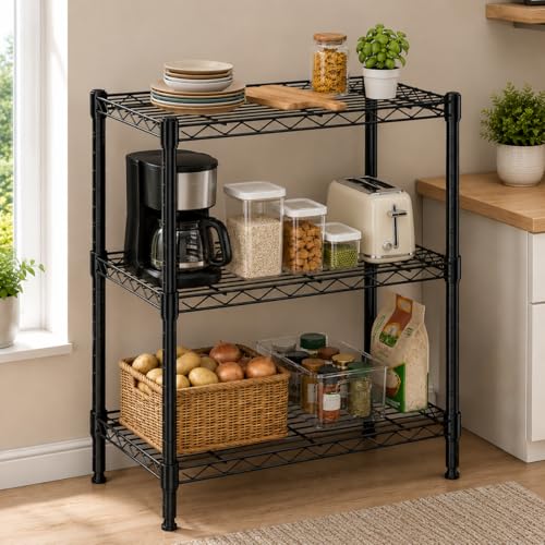Image of STORACK 3 Tier Heavy Duty Kitchen Storage Rack for Home & Pantry | Ventilated Wire Shelving Unit | Multipurpose Steel Organizer Stand, Laundry & Utility Storage | 60 x 35 x 82 CM | Black Chrome Finish