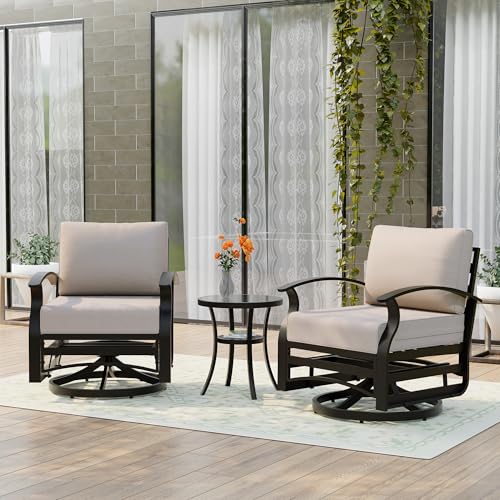 Gotland 3 Piece Patio Set, Metal Outdoor Swivel Chairs Set of 2 with 5.1’’ High-Resilience Seat Cushions Tempered Glass Double-Layer Coffee Table Removable Cushions for Backyard, Lawn, Porch, Khaki