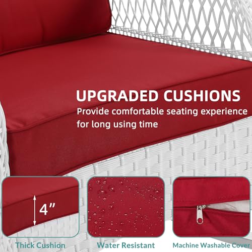 MEETWARM 3 Pieces Patio Conversation Set, Rattan Outdoor Rocking Patio Bistro Set with 2 Rockers and 1 Side Table with 4\" Thick Cushions, Outdoor Furniture Set for Porch Backyard, White Wicker/Red