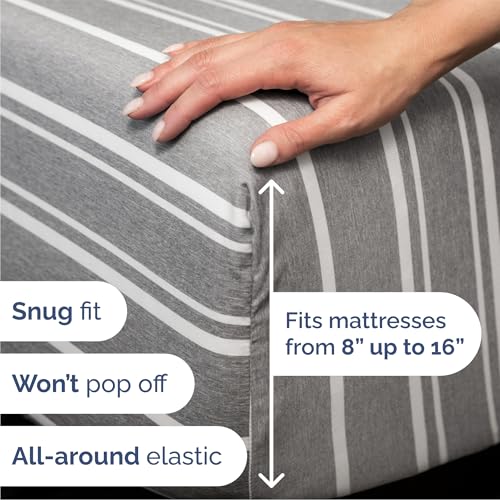 Image of Queen 6 Piece Bed Sheet Set - Breathable & Cooling Sheets - Grey Stripes