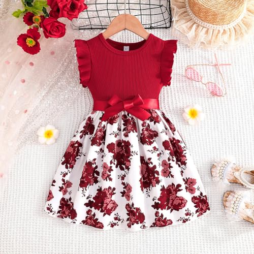 Valcatch Toddler Girls Floral Dress Ribbed Ruffle Sleeveless Casual Sundress Kids Summer Party Dress with Ribbon Belt 4-7 Y3