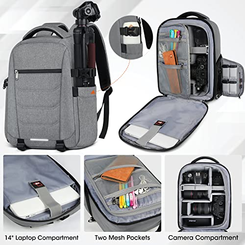 Image of SDYSM Camera Bag Backpack Professional for DSLR SLR Mirrorless Camera | 14 Inch Waterproof Camera Laptop Backpack with Rain Cover Anti Theft Travel Case Large Capacity Photography Backpack, Grey