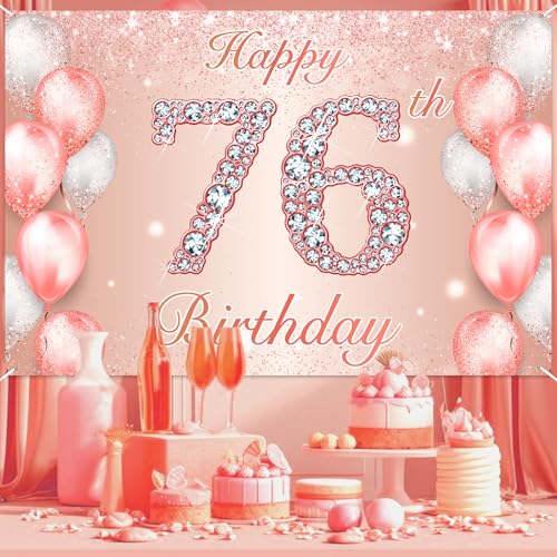 Image of Happy 76th Birthday Rose Gold Banner Cheers to 76 Years Old Backdrop Confetti Balloons Theme Decor for Women 76 Years Old Pink Birthday Party Decorations Bday Supplies Background Favors Gift Glitter