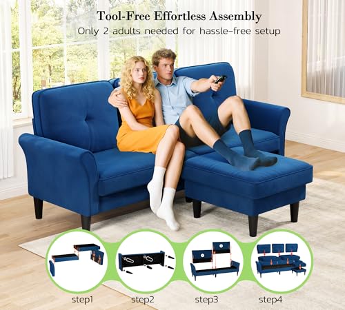 Image of Kidirect Small Sectional Couch, 83 inch L Shaped Couch, Comfy Velvet Couches for Living Room, Tool-Free Setup Modular Sectional Sofa, 850lbs Load Sofas for Living Room with 1 Movable Ottoman, Blue Couch