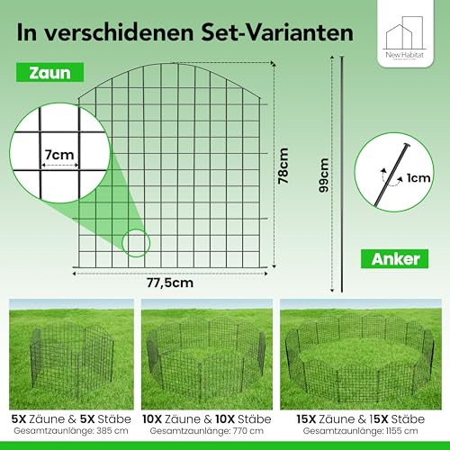 NewHabitat | 10x Teichzaun Steckzaun aus Metall, Grün, 78cm - Erweiterbares Zaunset für Garten, Teich, Pool und Tiergehege