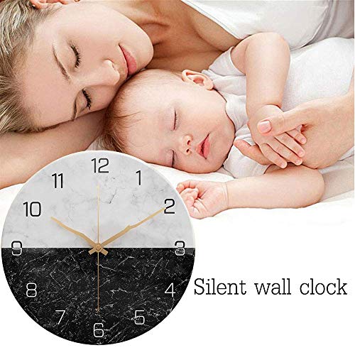Justup Silent Wall Clock,12 Inch Marble Wall Clock Battery Operated Stylish Elegant Silent Non-Ticking Wall Clock For Home Kitchen/Living Room Decor (Black And White) #TOP2