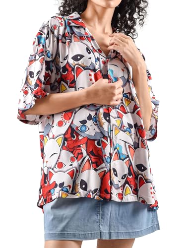 Image of ComicSense.xyz Unisex Anime Shirts for Men and Women, Kitsune Mask Printed Kimono Fit Hawaiian Shirt - XX-Large