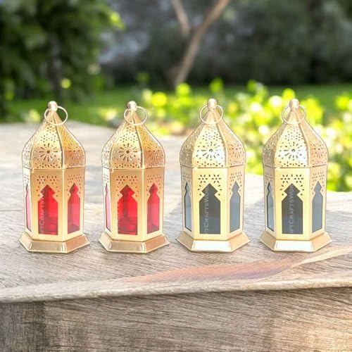 Image of Moroccan Lanterns & Candle Holders for Home Decor - Unique Diwali & Christmas Gifts (Black - Red, Set of 4)