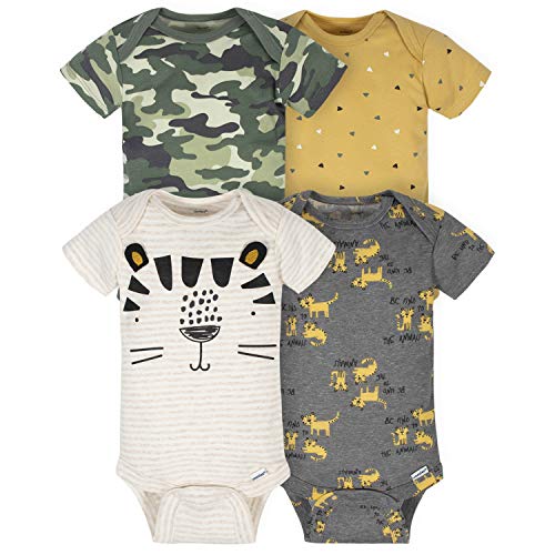 Gerber Baby 4-Pack Short Sleeve Onesies Bodysuits, Tiger/Camo, 3-6 Months
