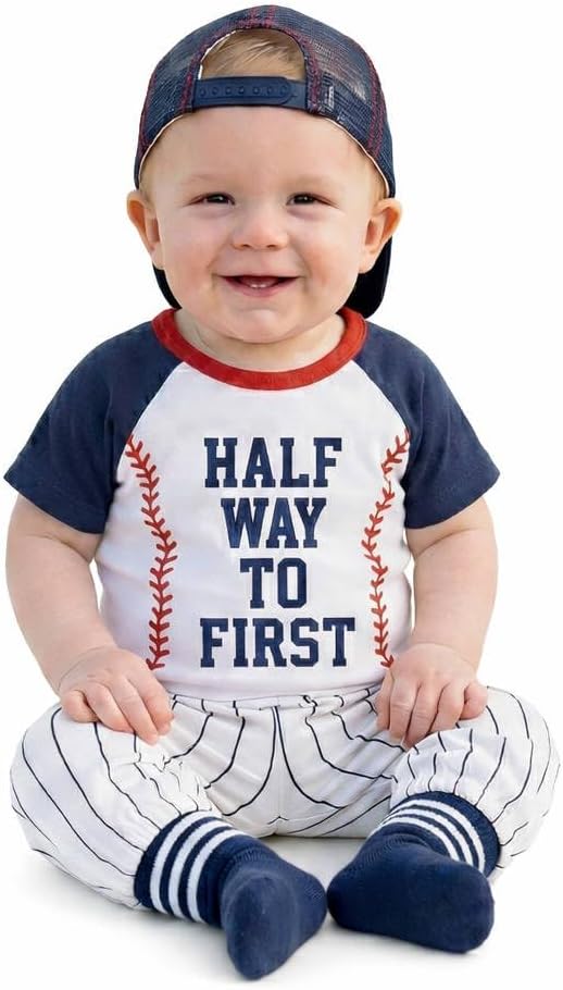 Baby Boy 6 Month Milestone Baseball Outfit - Half Way to First Birthday Raglan Shirt and Pinstripe Pants Set - Infant Baseball Theme Birthday Clothes - Half Birthday Gift