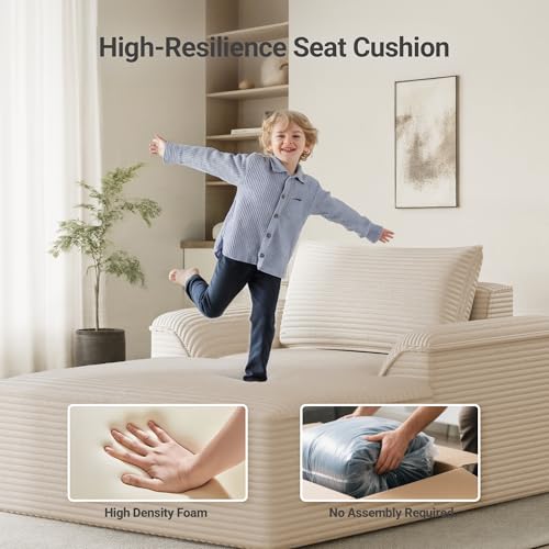 Image of Claiks 68 inch Oversized Chaise Lounge Chair Indoor, Corduroy Upholstered Boneless Sofa Bed, Deep Seat Sleeper Couch with Pillows and Armrest, Cloud Sofas Reading Chair for Living Room, Khaki