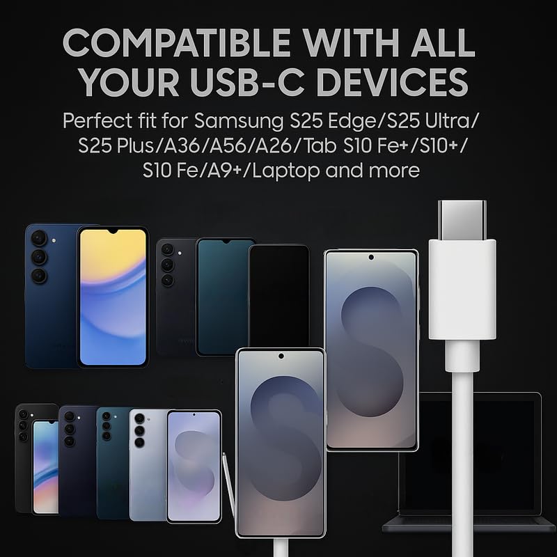 Image of XYKOS Samsung Original 45W Type C to Type C Superfast Charging Cable, Mobile Data Sync Cord for Samsung Galaxy S26 Plus /S26 Ultra /Z Flip7, Durable Tangle Free Quick Charge Power for Tablet PC, White