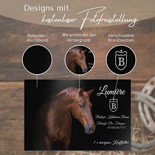 Pferdeschilder Boxenschilder mit eigenem Foto und Wunschtext | AluDibond Alu Verbundplatte | 30x20 cm | sofort personalisierbar | inkl. Brandzeichen & Motiven