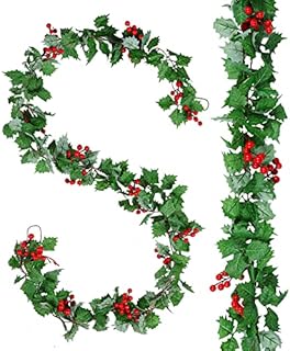 AnyDesign 15.7Ft Christmas Artificial Garlands with Holly Leaves and Red Berries Hanging Vine Xmas Faux Greenery Garlands for Winter Xmas Party Indoor Outdoor Home Wedding Frame Backdrop Decor, 2Pcs