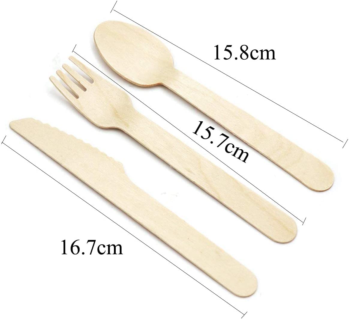 Kit de cubiertos de madera 4 en 1 desechables | Lote de 100 bolsas Kraft individuales | Tenedor, cuchillo, cuchara, toalla | Madera de abedul | Sin sabor ni olor | 100% Eco Responsable