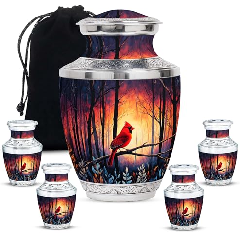 Image of Cardinal Bird Urn Large Funeral Urns for Women 1 Large & 4 Small | Large Funeral Urns for Women Small Cremation Urns for Human Ashes Adult Man Decorative Urn