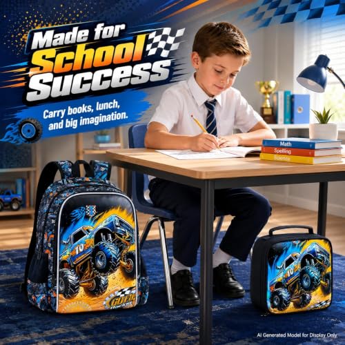 Image of Truck backpack, 16 inch Boys Cars Kids Bookbag with Lunch Box, 3Pcs School Backpacks for Elementary Preschool Kindergarten (Black)