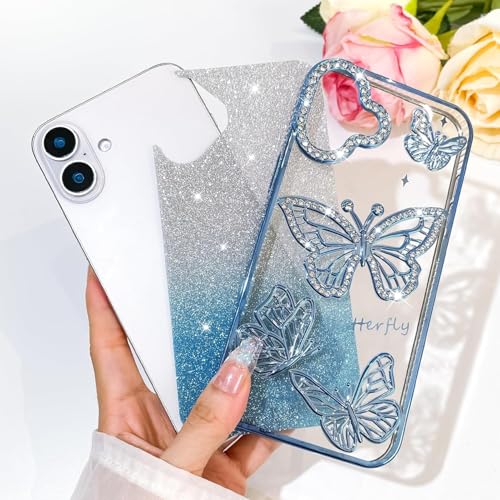 Image of VONZEE Electroplated Butterfly Case Compatible with iPhone 16 Plus, Pearlescent Diamond Sparkle Soft TPU Cover, Shockproof Drop Protection, Camera Lens Guard Stylish Phone Case for Women & Girls, Pink