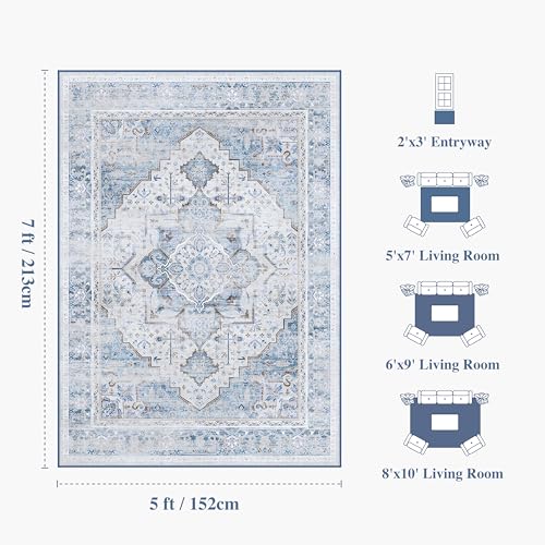 Tapete vintage lavable 5x7 rectangular azul miniatura 2