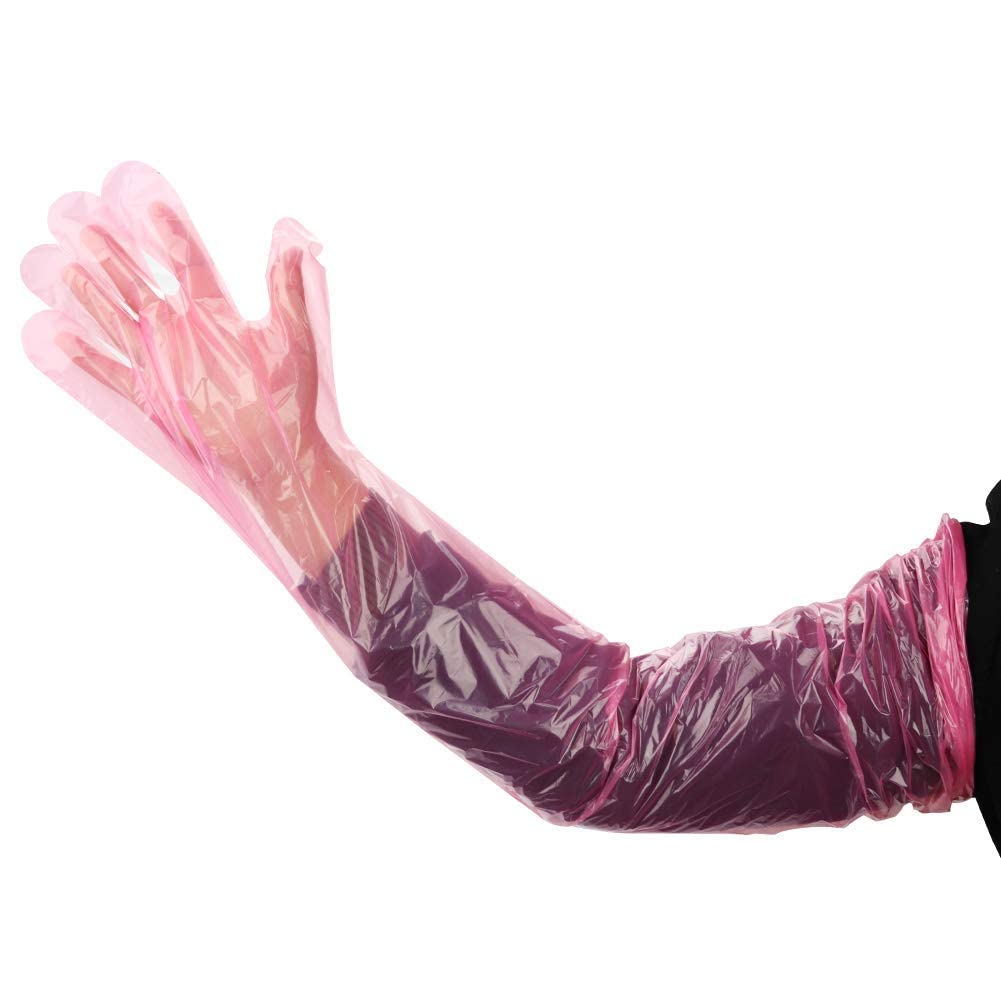 Veterinary RED Long Hand Transparent Disposable Plastic Gloves (Size - 34 Inchs) 100 Pcs Pack