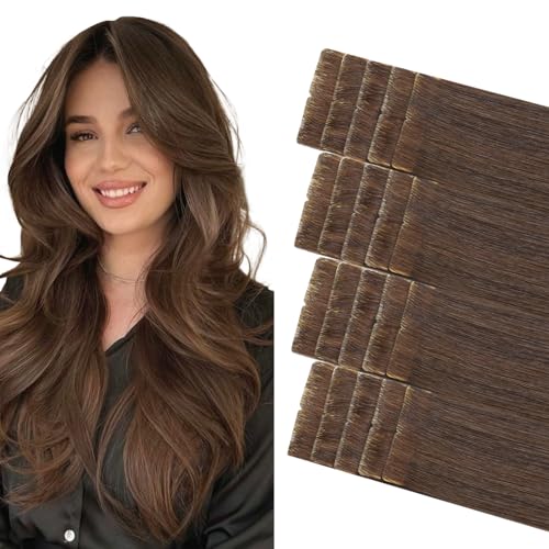 Image of COOKAYU Invisible Tape in Human Hair Extensions, Medium Brown Injected Tape ins Real Human Hair Seamless Extensions 20pcs 45g 20Inch