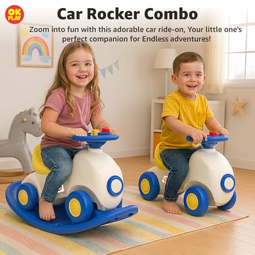 Image of OK PLAY 3-in-1 Ride-On Car for Kids | Rocker, Ride & Balance Board | Push Ride-On with Steering & Horn | Convertible Indoor Outdoor Toy | 18+ Months (Multicolor)