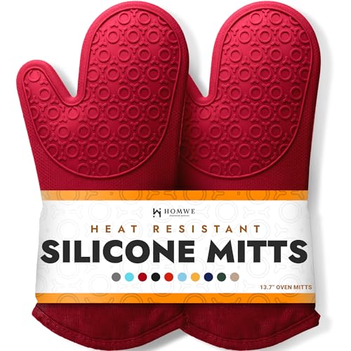 BPA-Free Silicone Oven Mitts Ultra Heat Resistant up to 500°F - Oven Mitts with Thick Cotton Liner - Long Slip Resistant Pot Holders, Flexible Oven Gloves - Empire Red 13.7