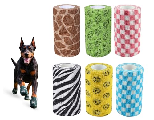 Image of Dog Bandage Cohesive Wrap for Paw & Leg | 10cm x 4.5m - Pack of 6 | Easy Tear, Fur Safe | Self Adhesive Elastic Vet Tape for Walking Protection, Wound Care & Licking Prevention Bandage Roll