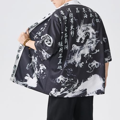 Image of PRIJOUHE Men's Lightweight Kimono Jacket Seven Sleeve Open Front Cardigan Coat Japanese Style Bathrobe