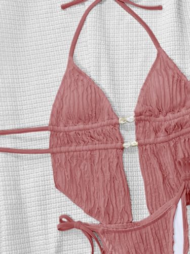 Image of RoseSeek Women's 2 Piece Boho Polka Dots Beaded Bikini Sets Sexy Swimsuits | Halter Swimsuits, Backless, Textured, Tie Side, Tankini Set, Bathing Suits, Summer, Vacation