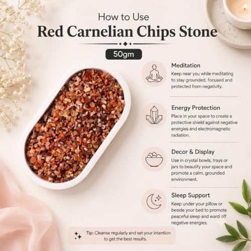 Image of Healing Crystal Chips for Vastu - Natural Red Carnelian Stone 50 Gm - Raw Rough Crystal Chips Dust for Reiki Healing Meditation