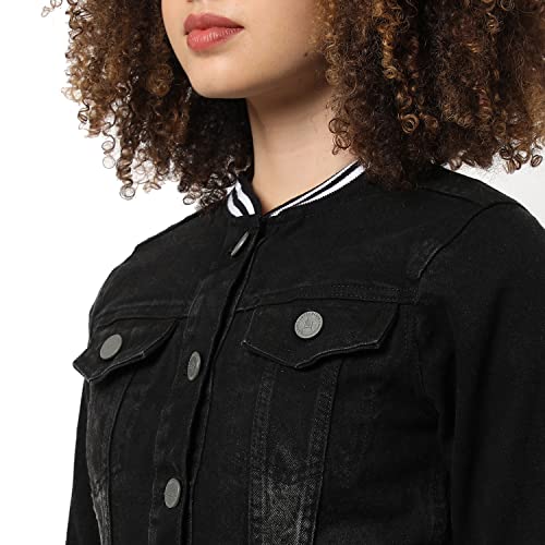 Image of Campus Sutra Women Black Regular Fit Denim Jacket For Winter Wear | Collared Neck | Full Sleeve | Buttoned | Casual Jacket For Woman & Girl | Western Stylish Jacket For Women