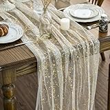 Artoid Mode Beige Gold Gauze Table Runner 120 Inch 10FT, Glitter Metallic Foil Sheer Dining Wedding Anniversary Holiday Birthday Table Decor for Home Party