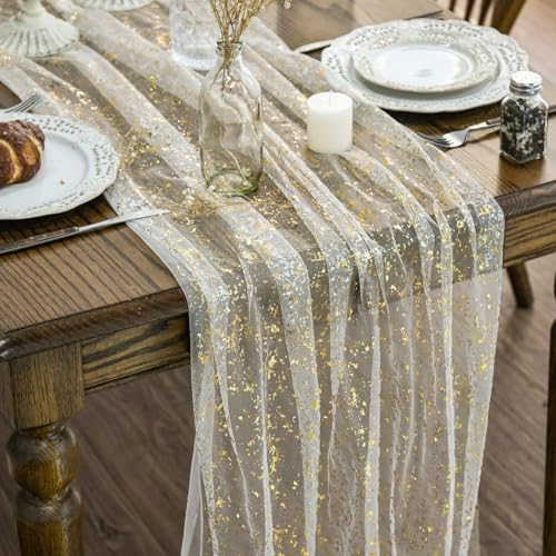 Artoid Mode Beige Gold Gauze Table Runner 120 Inch 10FT, Glitter...