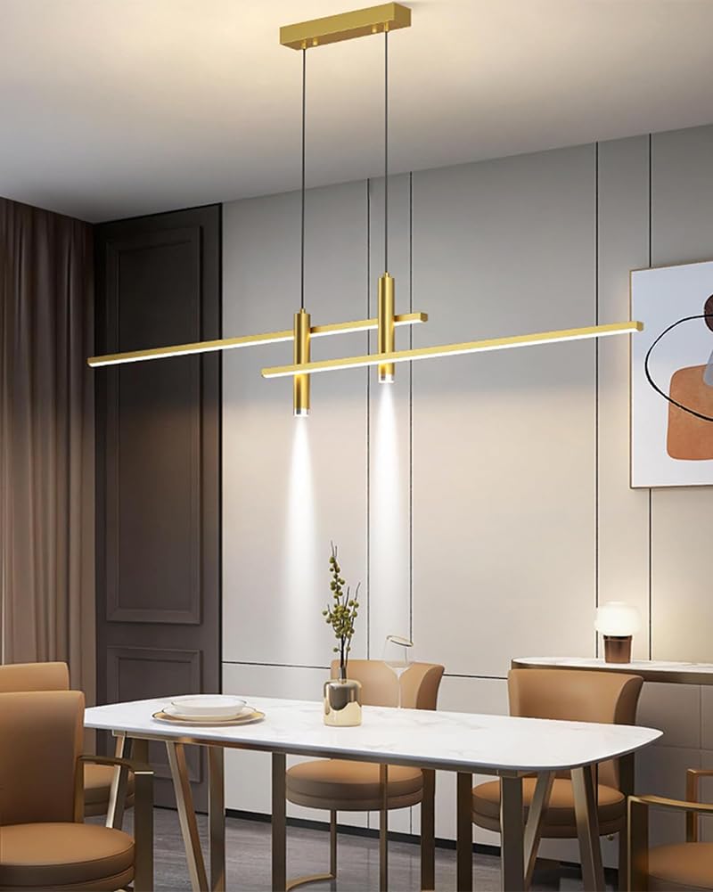 Lampadario Moderno Lineare LED Lampada a Sospensione Cucina Isola Soggiorno Nero Lampadari Dimmerabile con Telecomando Altezza Regolabile Luci per Tavolo Sala da Pranzo Ufficio Lampade (Oro, 150cm)