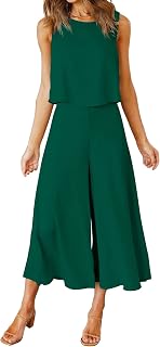 Women's Summer 2 Piece Outfits Round Neck Crop Basic Top Cropped Wide Leg Pants Set Jumpsuits