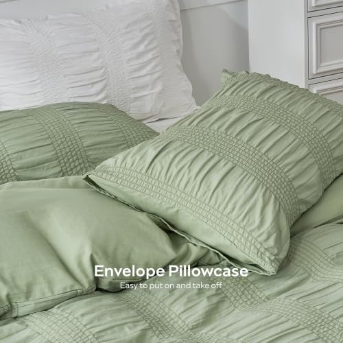 Image of JELLYMONI Light Green Duvet Cover Full Size, 3pcs Washed Microfiber Bedding Set, Soft Breathable Wide Seersucker Duvet Cover Set with Zipper Closure and Corner Ties for All Seasons