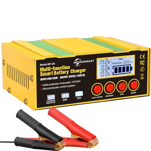 MOUDENSKAY 12A Car Battery Charger 12V/24V Auto Maintainer Trickle Charger With LCD Display - for Lithium, Lead-acid, AGM/EFB Batteries