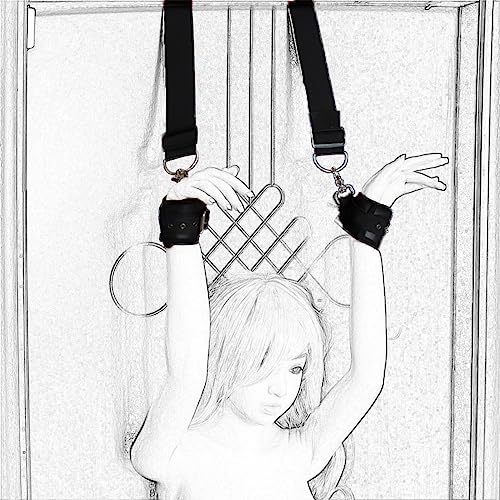 Image of Over The Door Entryway Restraints Hanging Bondage Cuffs for Sex Games, Leather Sex Toys Plush Wrist Cuffs for BDSM Restraints, Women and Men Bondage Toys Sex Handcuffs (Black-1)