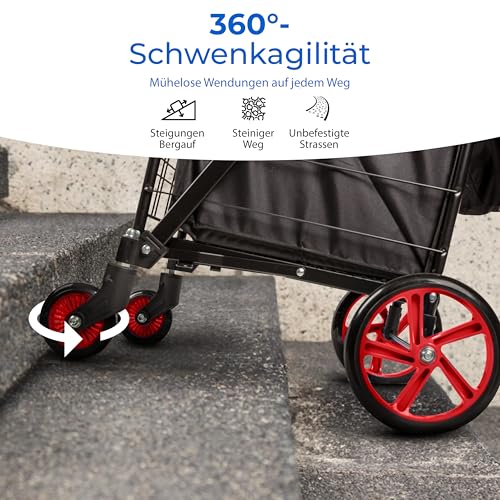 SereneLife Einkaufswagen, Einkaufstrolley Klappbar, Shopping Cart mit 50L Kapazität, Einkaufstrolley Treppensteiger aus Metall mit 360° Schwenkbare Räder & Abnehmbare Tasche, Rot – Bild 6