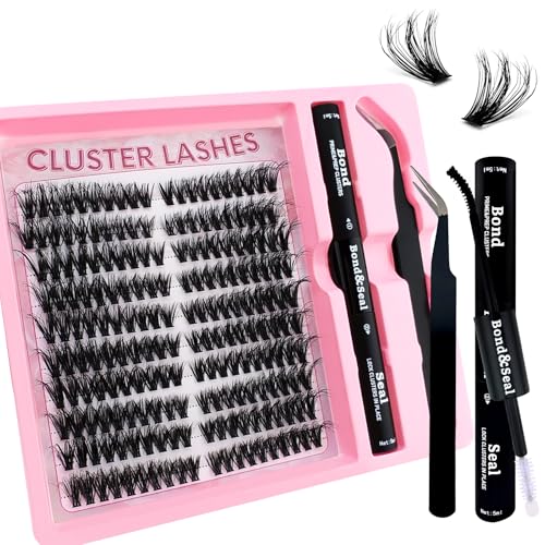 Fluffy Lash Clusters Kit 200pcs DIY Lash Extension Kit, Wispy Lash Clusters Kit Natural 8-16mm Thick Volume Eyelashes Extension Kit with Lash Bond and Seal and Lash Tweezers.(200P-5K-Kit)