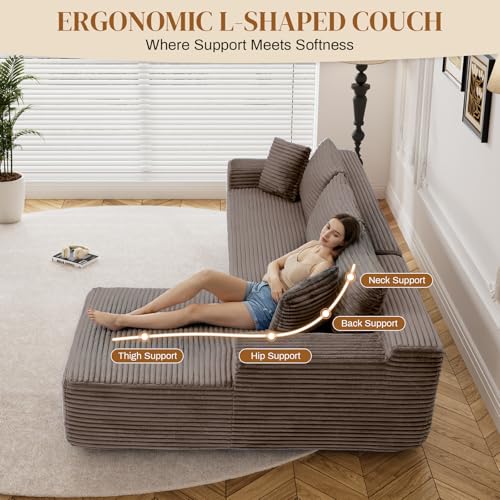 Image of 95 inch L Shaped Boneless Sectional Couches, Wide Armrest, Deep Seat, Memory Foam, Assembly Free, Modern Comfy Corduroy Fluffy Cloud Sofa with Left Chaise for Living Room, Small Spaces, Brown