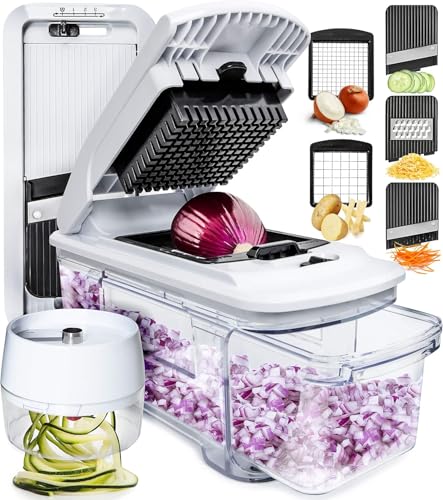 Fullstar All-in-1 Vegetable Chopper and Mandoline Slicer for Kitchen - Cheese Grater, French Fry Cutter, Cheese Slicer - Bonus Handheld Spiralizer Included (6 in 1, Black/White)
