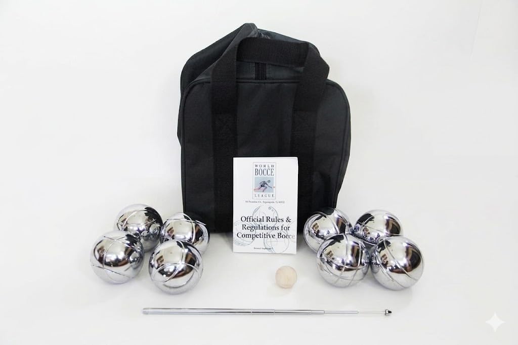 BuyBocceBalls Listing - Unique 73mm Petanque/Bocce Pack - with 8 Silver Balls, Black Nylon case, Rule Book and extendable Measuring Device