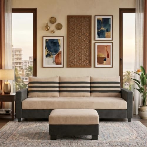 Image of Cavina 4 Seater L Shape Sofa Set with Movable Ottoman | Flexible Left or Right Layout | Luxury Velvet Suede Fabric | Modern Living Room Sofa | Dark Grey-Cream
