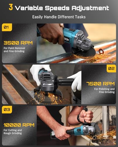 Image of SEESII Cordless Angle Grinder 4-1 /2 Inch, 21V Brushless Battery Grinder Tool with 2X 4.0Ah Batteries, 10000RPM for Metal Cutting, Grinding, Polishing, Rust Removal (Blue)