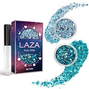 Laza Body Glitter, 2 Jars Holographic Chunky Sequins with Glitter Glue Perfect for Women Eyeshadow Makeup Face Paint Festival Rave Outfits Hair Accessories Carnival Party Costumes – Blue Ocean