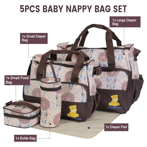 Image of Moclever 5Pcs Baby Nappy Diaper Bags Set-Baby Bags for Mom,Waterproof Maternity Bags with Bottle Bag,Food Bag&Changing Pad For Mom Dad
